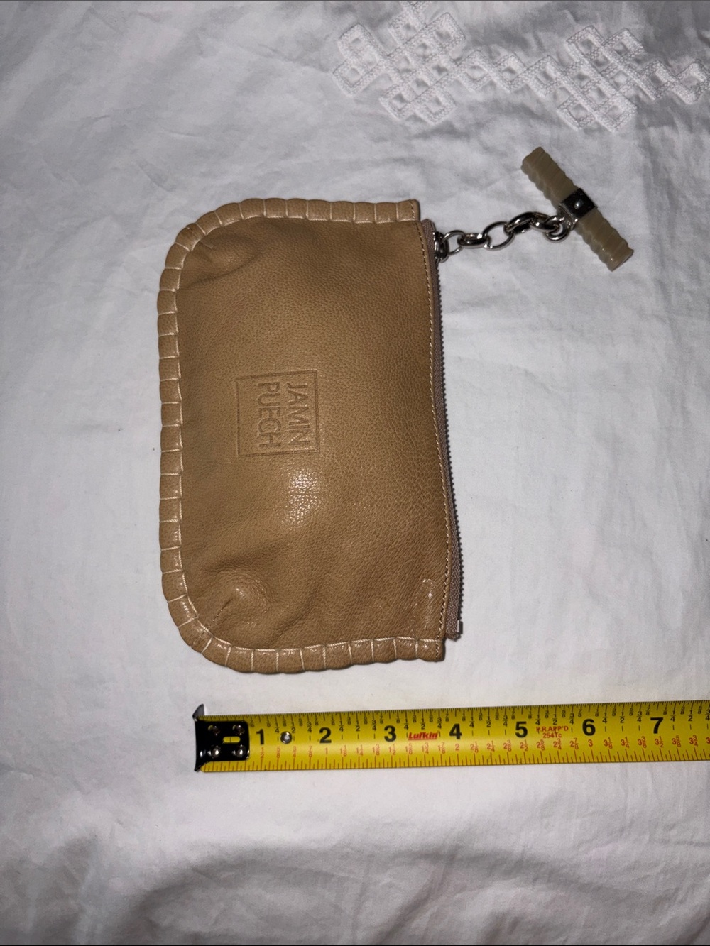 Tan Leather Wristlet Pouch with Chain Pull - Picture 5 of 7